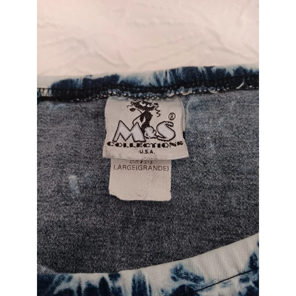 Vtg  MS Collections Denim Tie Dye Fringe Skirt Navy Blue White Asymmetrical Sz L